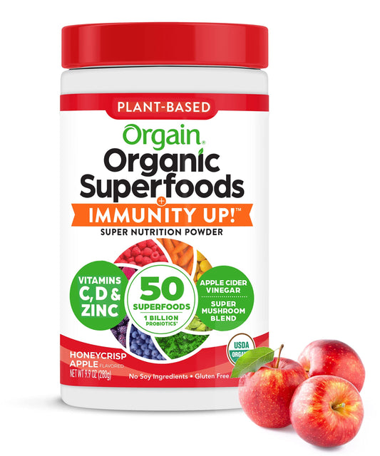 Orgain Organic Greens + Immunity Up Honeycrisp Apple tub, ideal for a daily immune wellness routine.