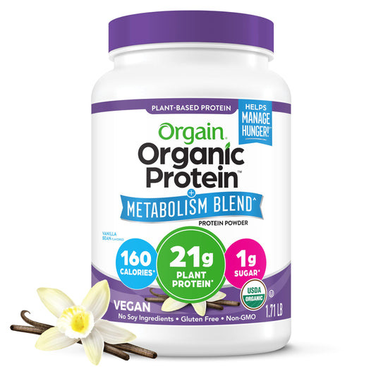 Orgain Organic Protein + Metabolism Blend vanilla bean tub for quick, high-protein shakes.