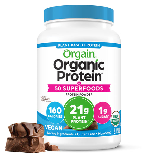 Orgain protein 50 superfoods creamy chocolate fudge powder, ready to mix for shakes