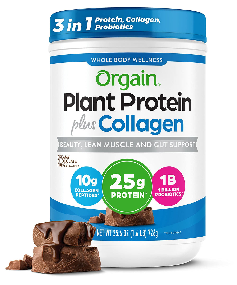 Orgain protein-collagen creamy chocolate fudge bottle ready for on-the-go nutrition