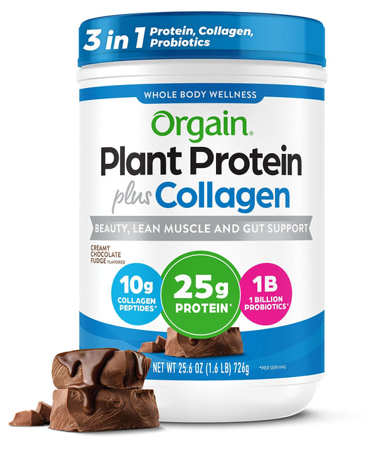 Orgain protein-collagen creamy chocolate fudge bottle ready for on-the-go nutrition