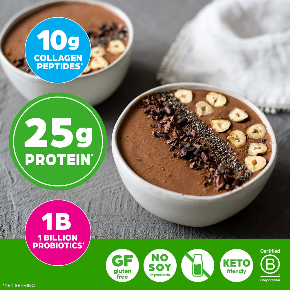 Orgain protein-collagen creamy chocolate fudge in oats bowl for breakfast