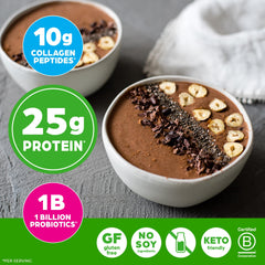 Orgain protein-collagen creamy chocolate fudge in oats bowl for breakfast