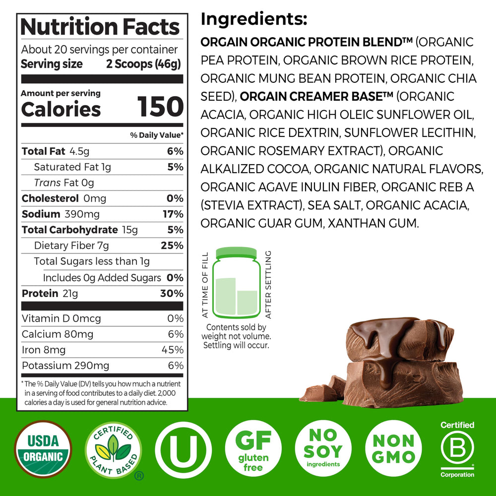 Orgain protein powder poured into a glass for a quick shake