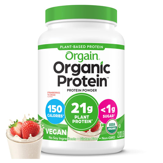 Orgain Strawberries and Cream powder tub highlights organic protein for daily shakes