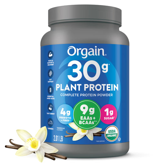 Orgain Vanilla 30g Plant Protein bottle showcases smooth texture for muscle support.