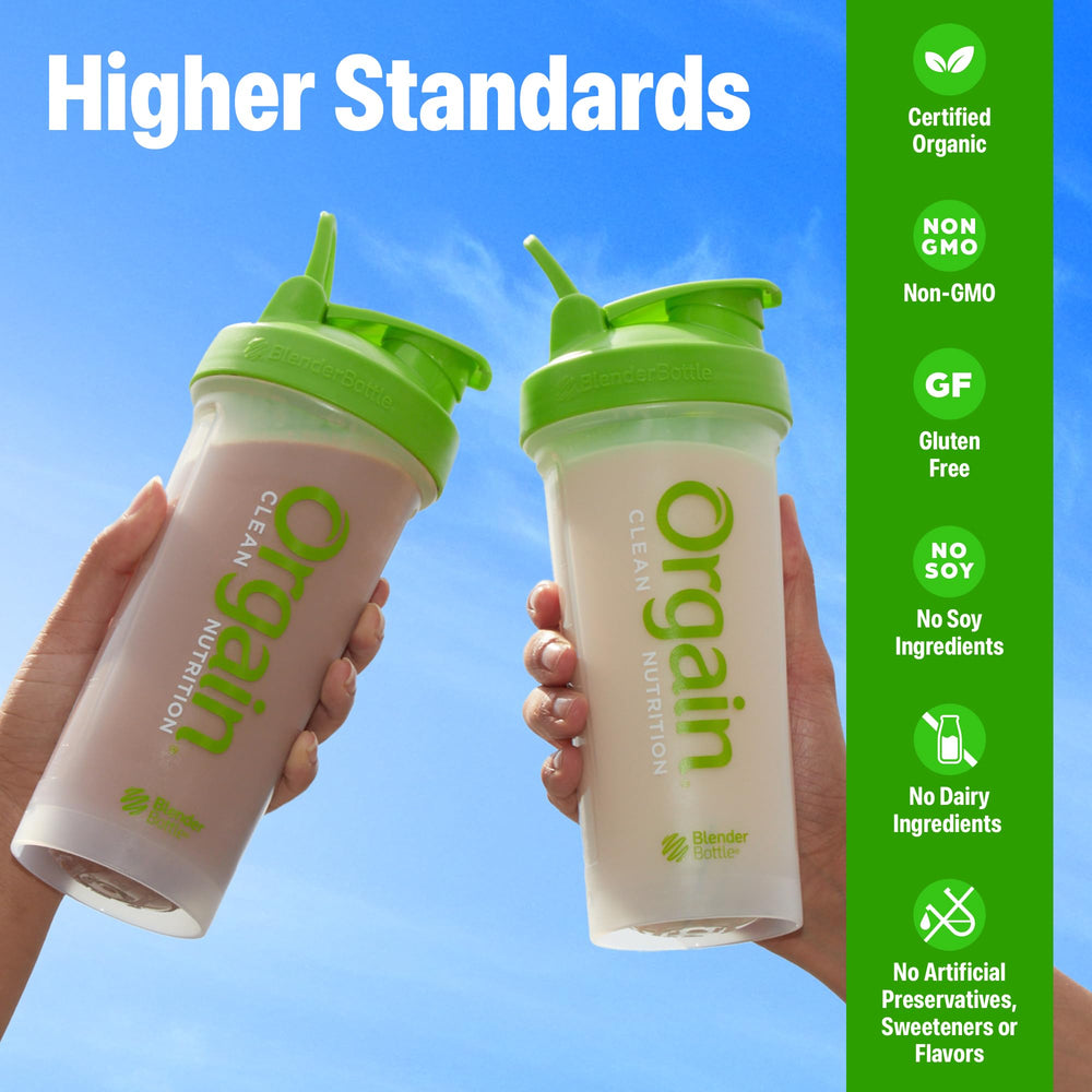Orgain Vanilla 30g Plant Protein ingredients panel highlights organic, non-GMO protein source.