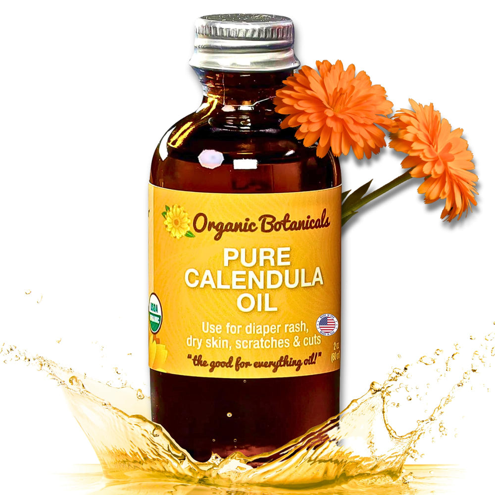 Organic Botanicals Calendula Oil bottle for soothing skin and hydration.