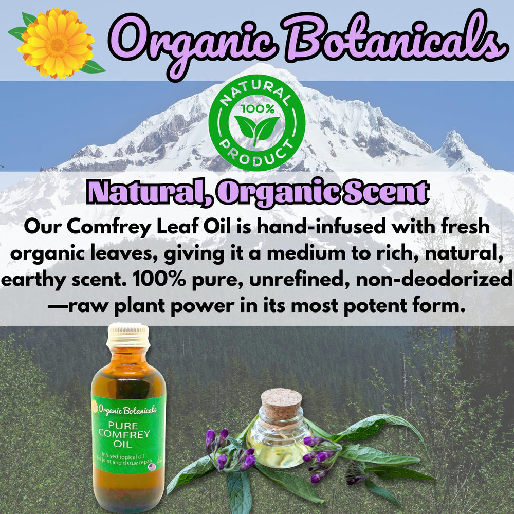 Organic Botanicals Comfrey Leaf Infused Oil ingredients map noting sunflower and jojoba base