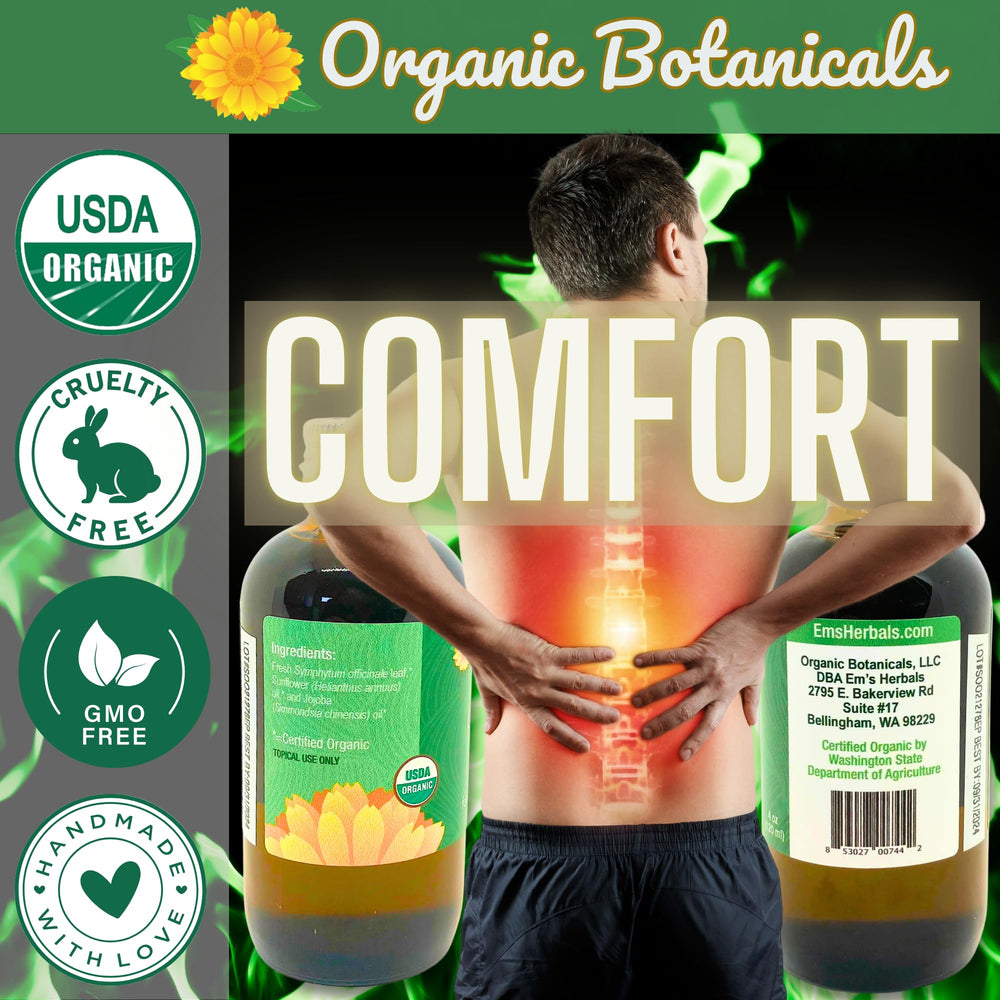 Organic Botanicals Comfrey Leaf Infused Oil texture closeup with earthy aroma