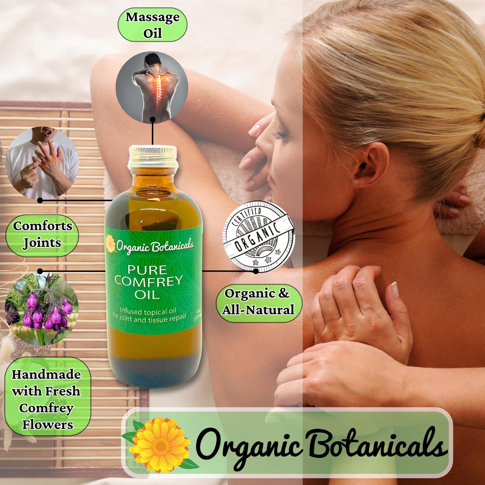 Organic Botanicals Comfrey Leaf Oil dropper releases oil for gentle skin massage.
