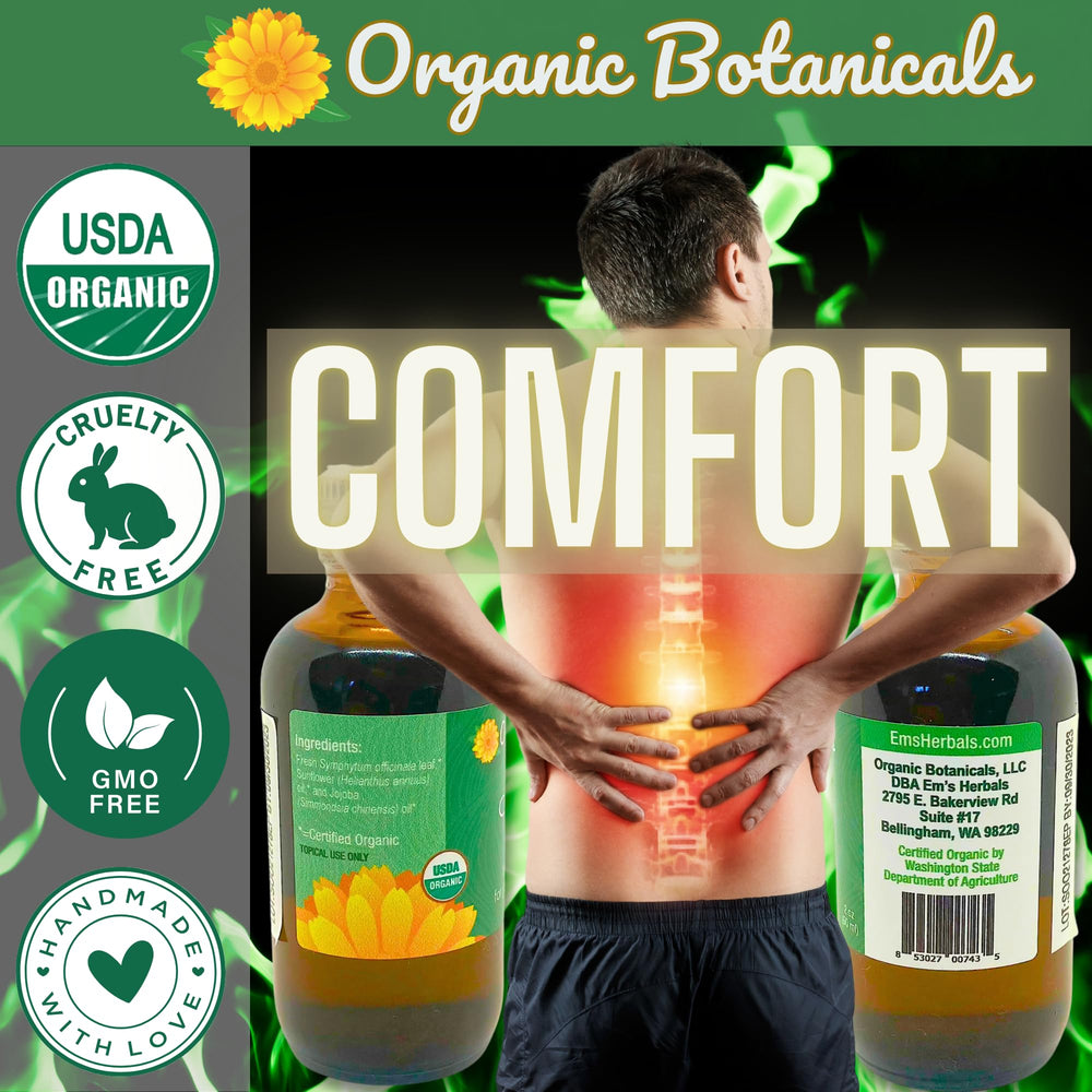 Organic Botanicals Comfrey Leaf Oil naturally infused with earthy scent during application.