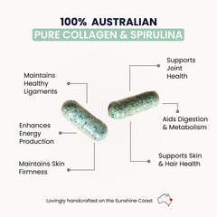 Organic Collagen Australia capsules pour into hand for daily wellness.