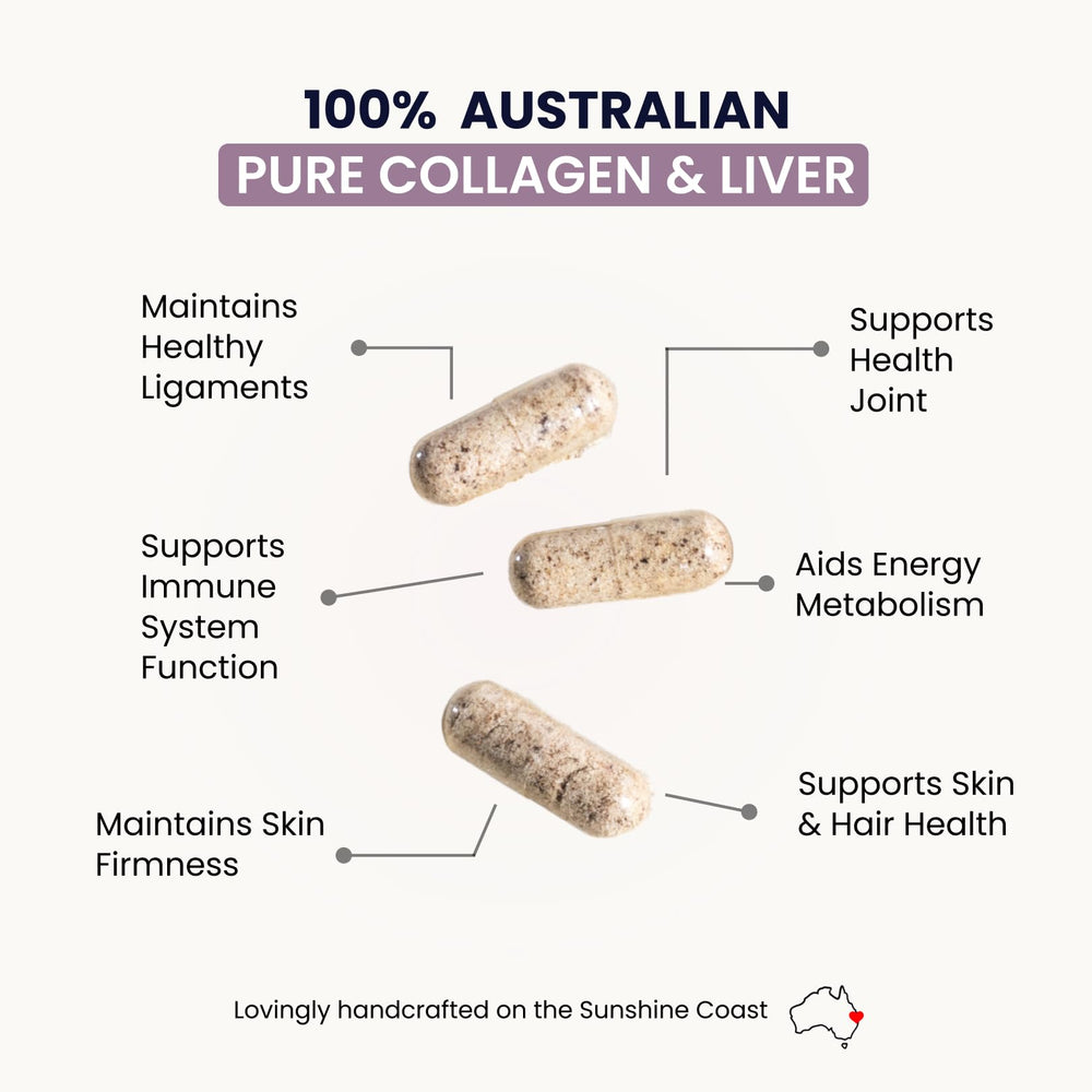 Organic Collagen Australia liver capsules with grass-fed liver for nutrient-dense daily nourishment.