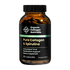 Organic Collagen Australia bottle with pure collagen-spirulina capsules for antioxidant support.