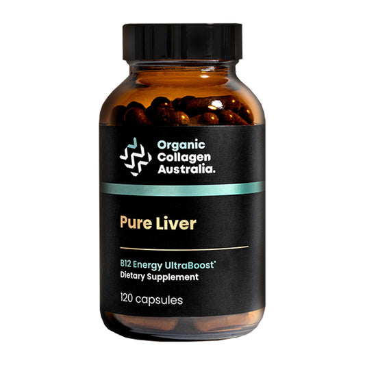Organic Collagen Australia Pure Liver Capsules bottle featuring energy support and grass-fed sourcing.
