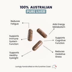 Side packaging image of Organic Collagen Australia capsules highlights pasture-raised quality and no additives.