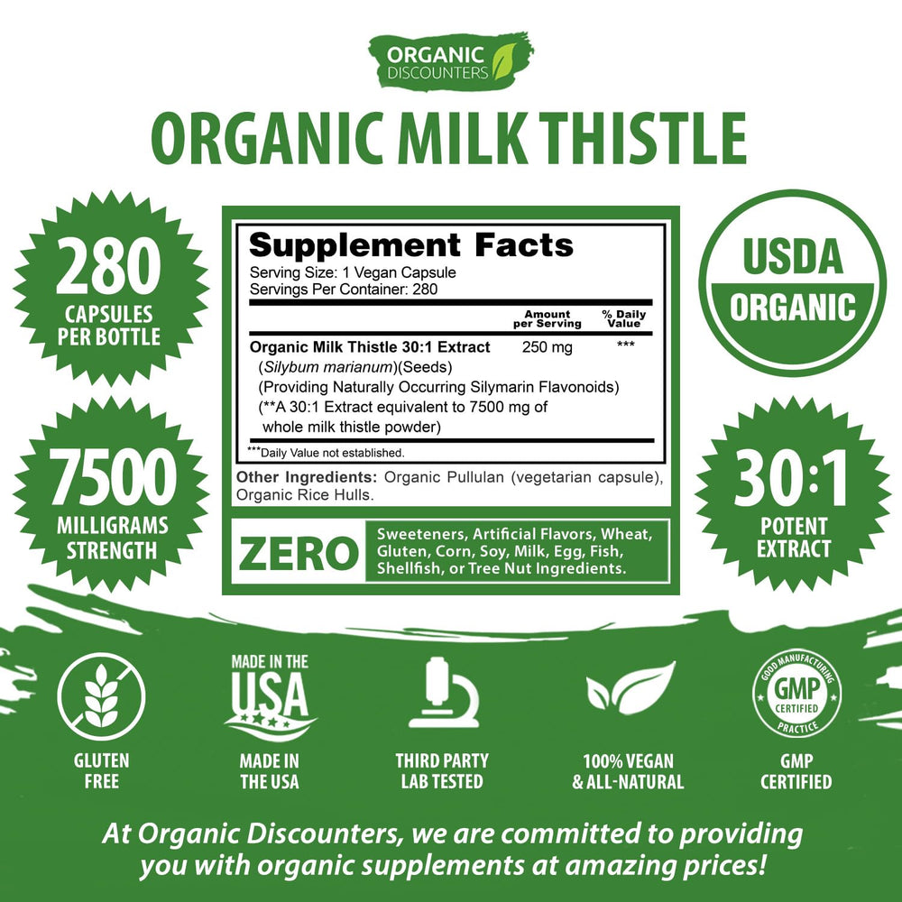 Close shot of Organic Discounters Milk Thistle 30-1 extract label detail