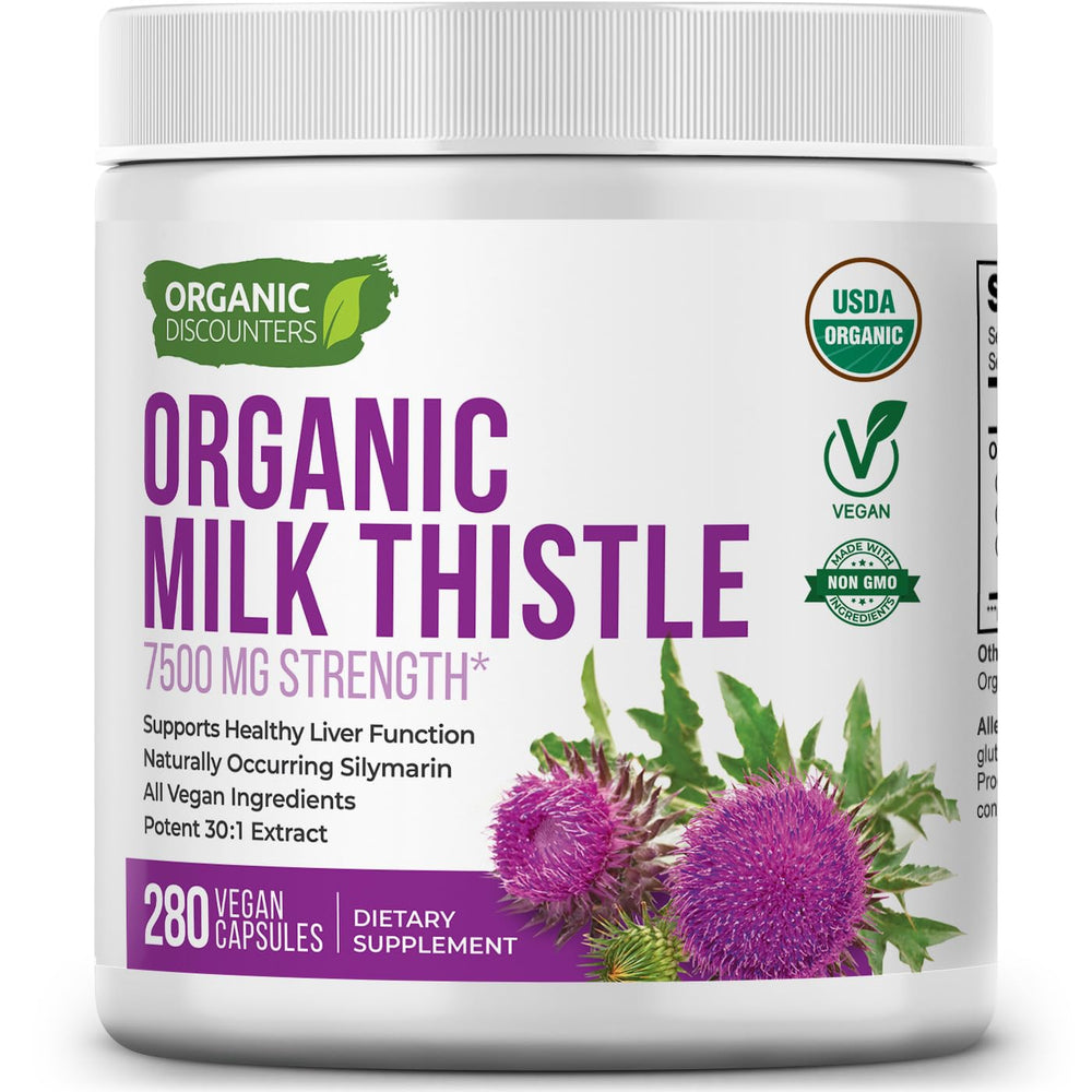 Organic Discounters Milk Thistle bottle front view showing high-potency 7500 mg per capsule