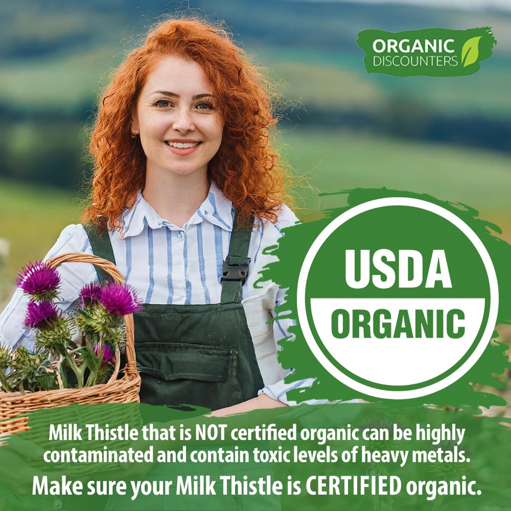 Organic Discounters Milk Thistle bottle side view with dosage info