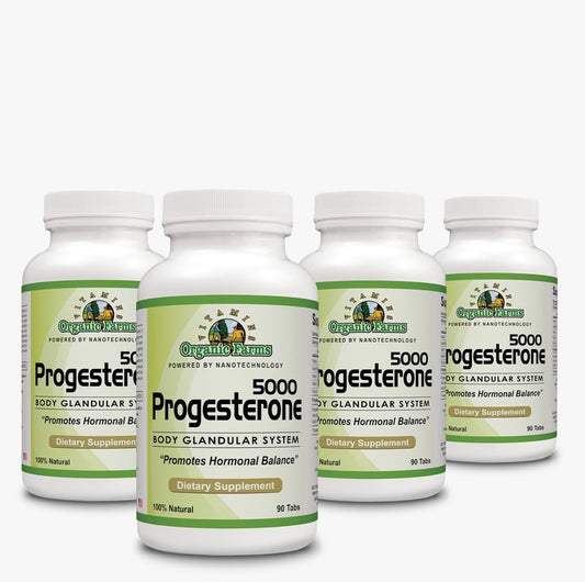 Organic Farms Vitamins Progesterone 5000 bottle pouring capsules for potential hormone balance.