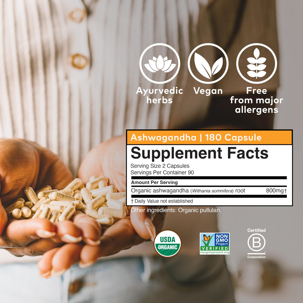 Organic India Ashwagandha capsules jar ingredients close-up highlights non-GMO sourcing