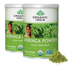 Organic India Moringa Powder jar, a convenient green superfood boost for daily wellness.