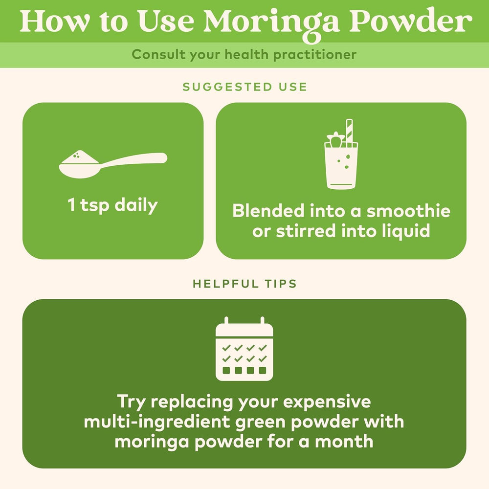Organic India Moringa Powder scoop for easy measurement and quick nutrient boost.