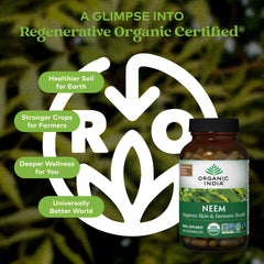 Close-up of neem leaf ingredients beside Organic India packaging for detox potential.