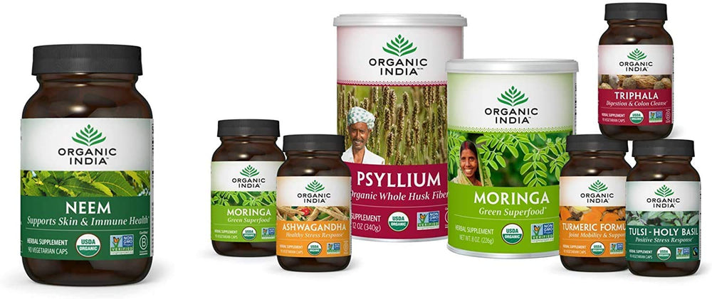 ORGANIC INDIA neem capsules on a counter, ideal for detox routines