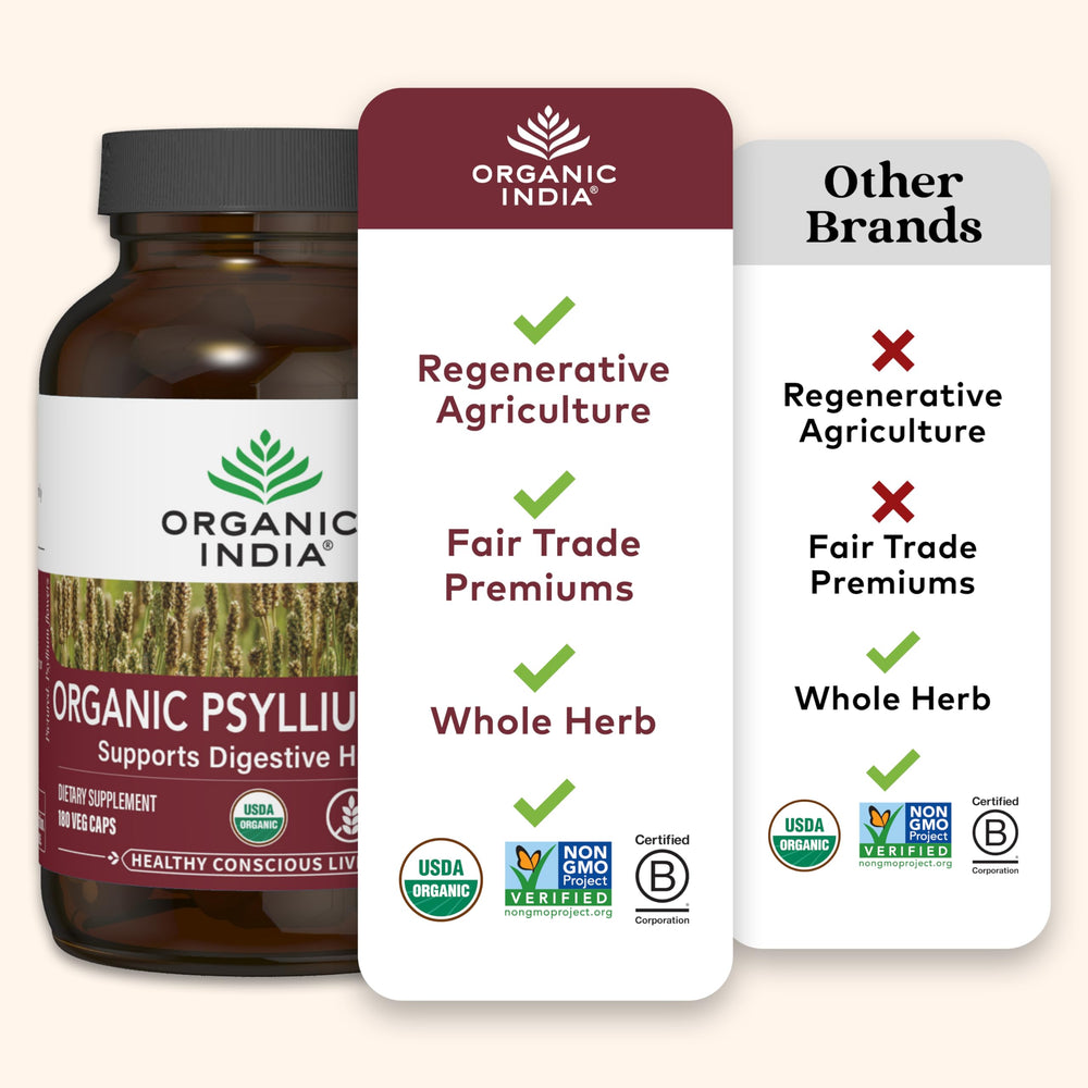 Organic India Psyllium Herbal Powder packaging box on kitchen counter