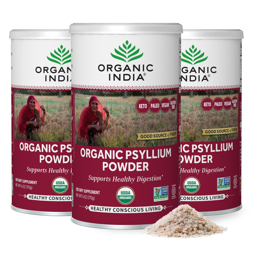ORGANIC INDIA Psyllium Powder bottle shows fine-grain fiber for daily digestion support.