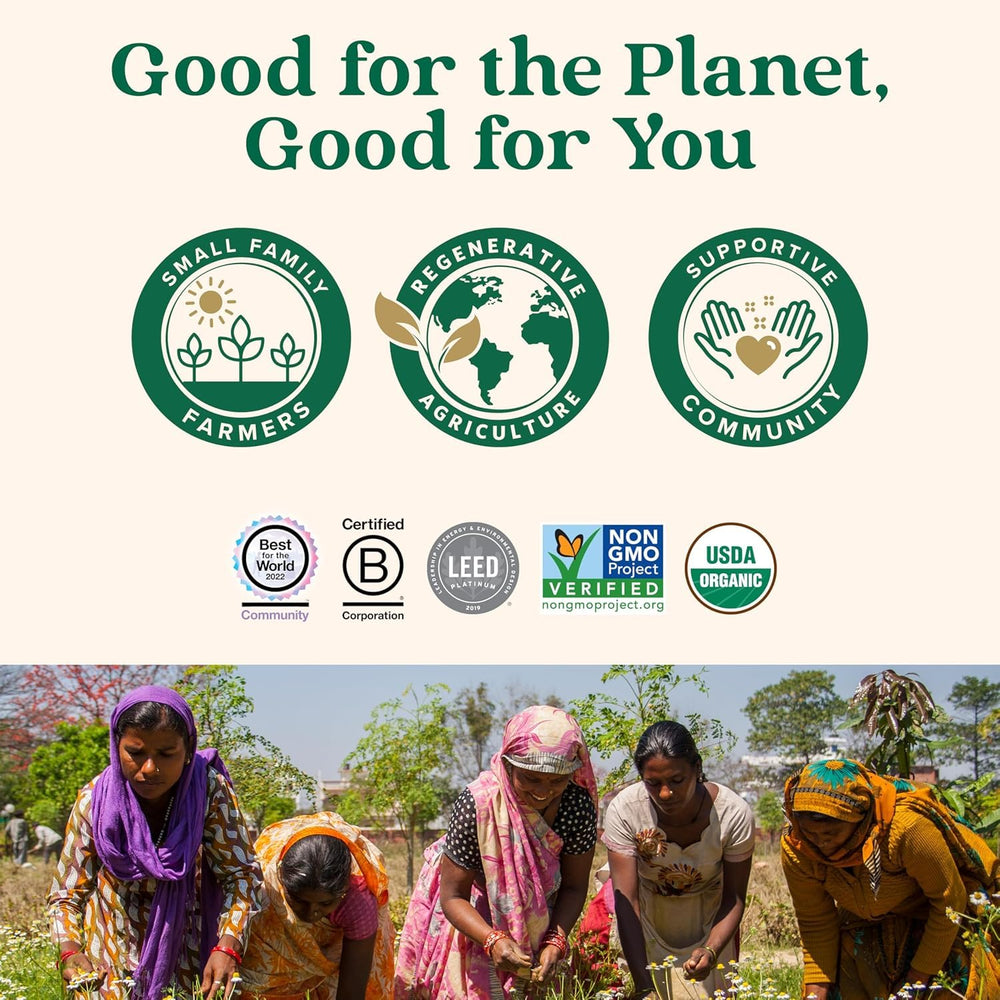 Front label of the ORGANIC INDIA package highlighting vegan, gluten-free, non-GMO attributes.