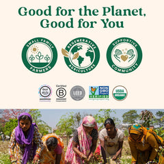 Front label of the ORGANIC INDIA package highlighting vegan, gluten-free, non-GMO attributes.