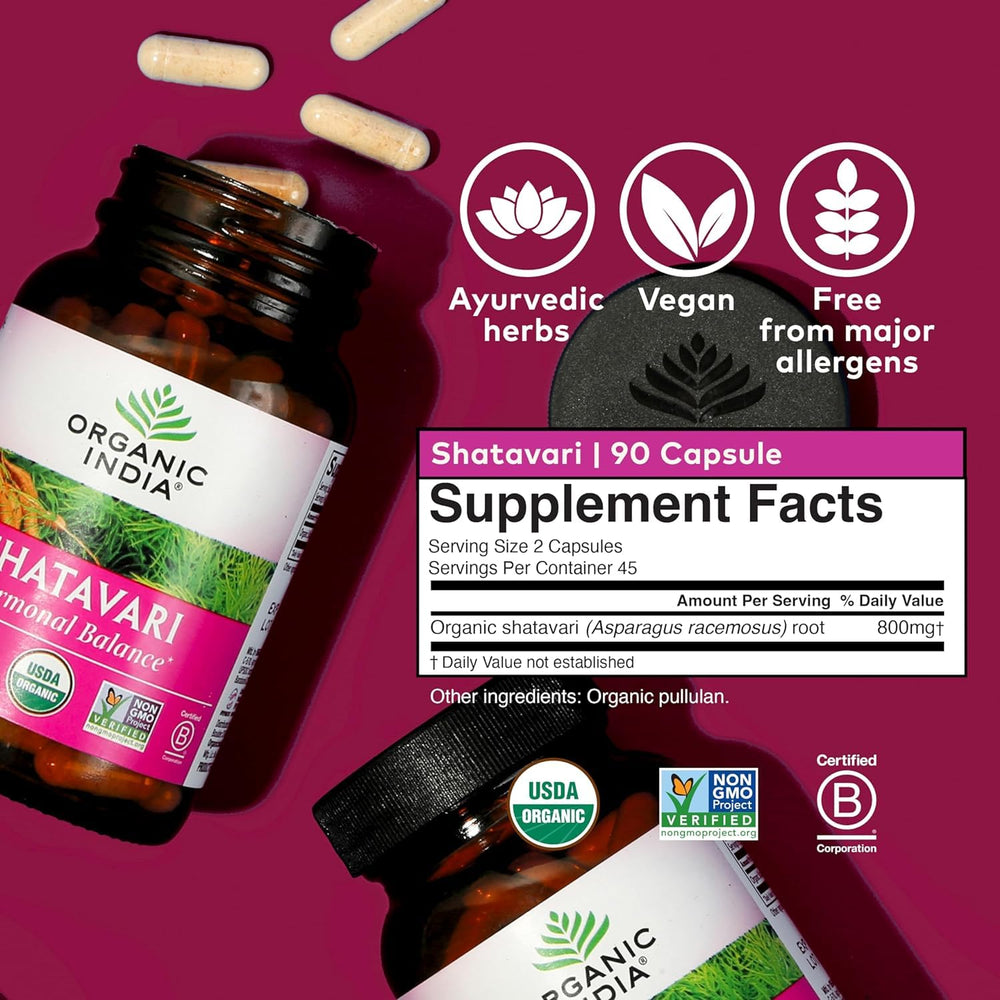 Organic India Shatavari capsules closeup reveals smooth texture and herbal formula