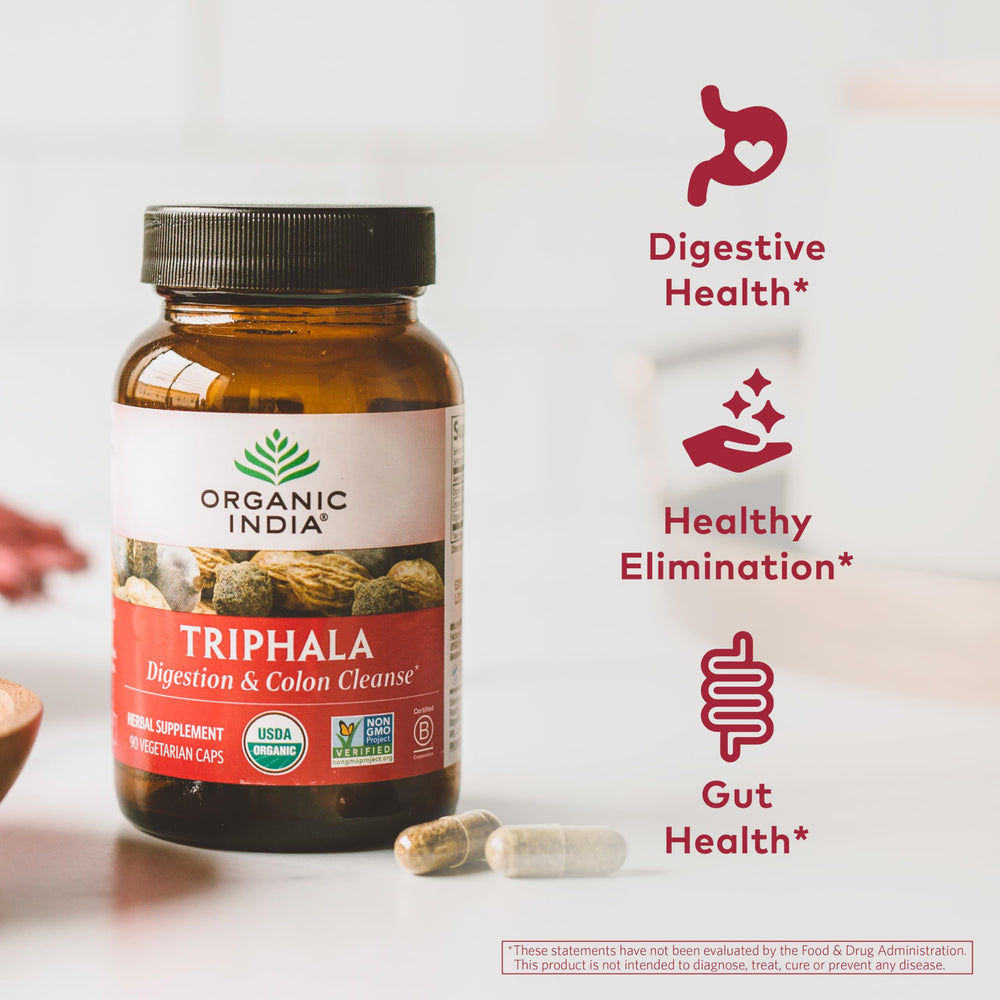 Closeup of Organic India Triphala label showing vegan and organic credentials.