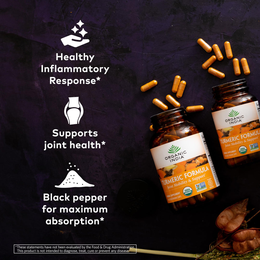 Organic India Turmeric Curcumin capsules closeup highlights capsule form and antioxidant potential