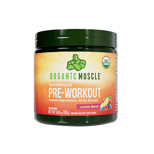 Organic Muscle Lemon Berry pre-workout canister delivering clean energy and focus