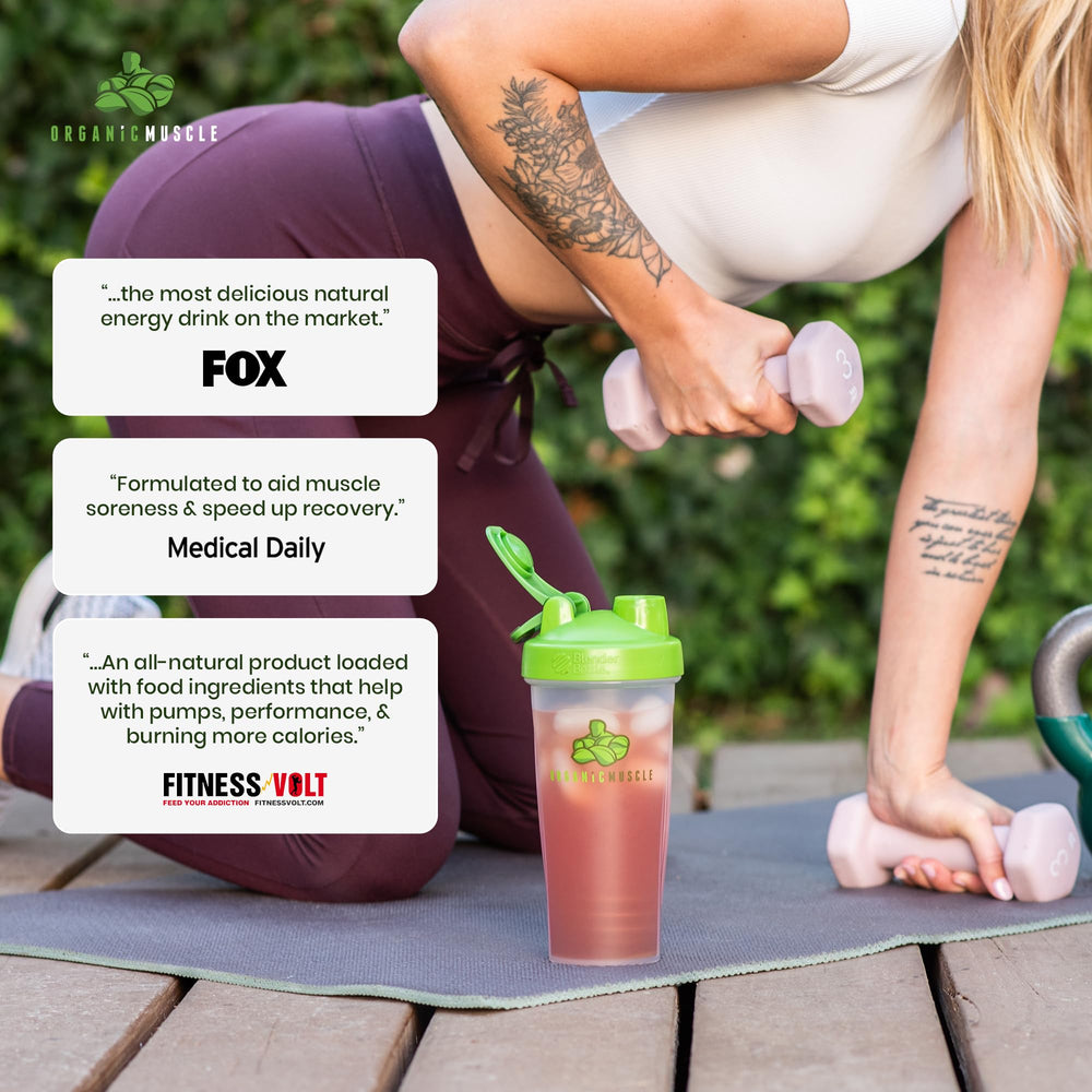 Acai and pomegranate visuals emphasize antioxidants in Organic Muscle Reds Powder.