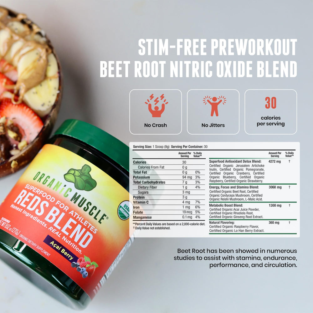 Beet root focus highlights heart-supporting nutrients in Organic Muscle Reds Powder.