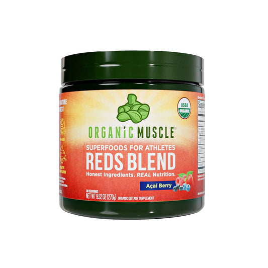 Organic Muscle Reds Powder bottle front showing caffeine-free energy for daily vitality.