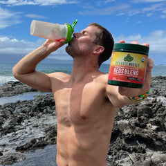 Vegan and non-GMO certification shown with Organic Muscle Reds Powder.