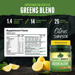 Front packaging of Organic Muscle Super Greens featuring Non-GMO label