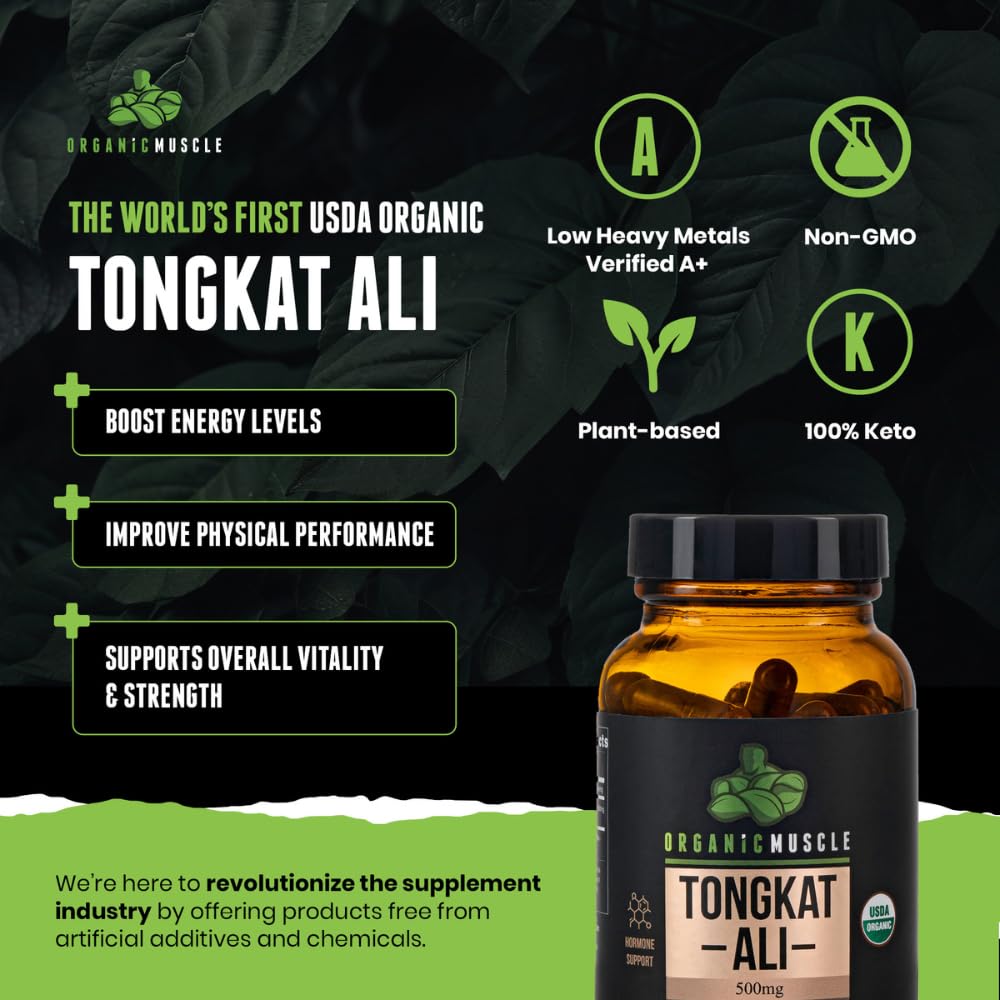 Organic Muscle Tongkat Ali raw root powder highlights natural potency for energy support.