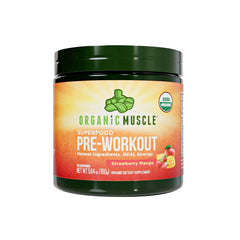 Organic Muscle USDA Organic pre-workout powder in strawberry mango for clean energy