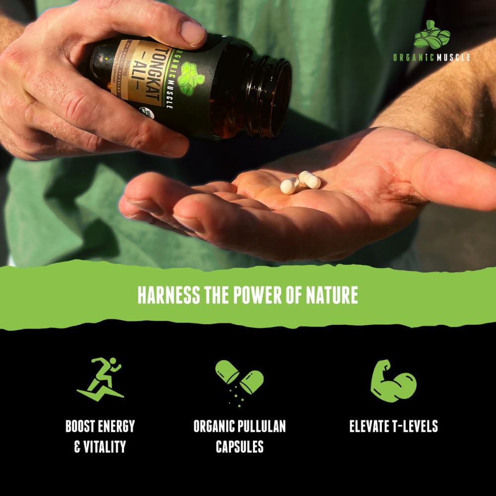Organic Muscle Tongkat Ali capsules show USDA organic quality for vitality.