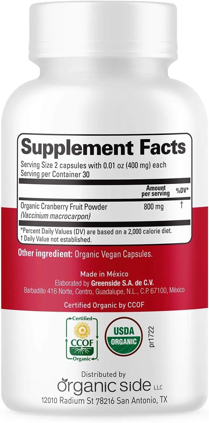 Organic Side Cranberry Capsules closeup shows capsules packed with antioxidants