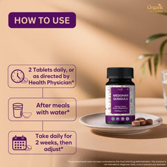 Organic Spree Medohar Guggulu label view emphasizes clear usage guidance.