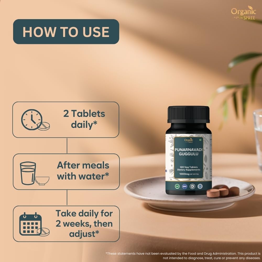 Herbal blend illustration beside Organic Spree Punarnavadi Guggulu for daily wellness