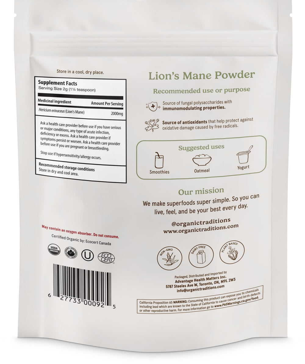 Organic Traditions Lion’s Mane Powder serving scoop, ideal for adding 2000 mg to smoothies.